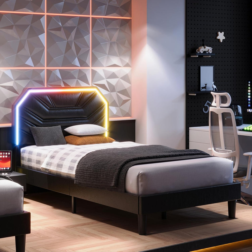 LIKIMIO Twin Bed Frames with LED Light Headboard, Upholstered Modern Cama Twin Platform Bed Frame with Heavy Duty Supports, No Box Spring Need, Noise Free, Easy Assembly, Black