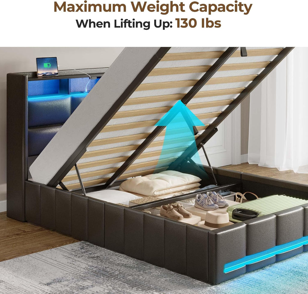 Rolanstar Bed Frame Twin Size with Lift Up Storage, Charging Station & LED Lights, Upholstered Storage Headboard, Heavy Duty Wooden Slats, No Box Spring Needed, Noise Free, Easy Assembly, Black
