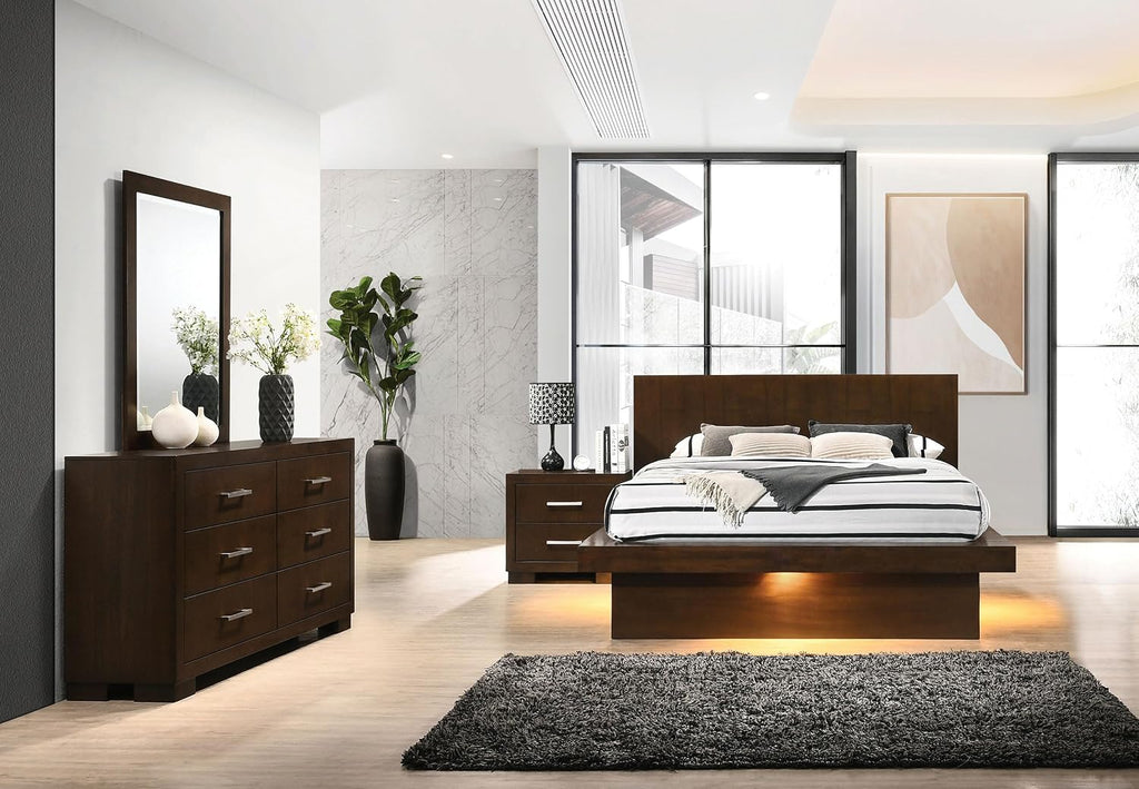 Coaster Home Furnishings Jessica Contemporary 4-Piece Bedroom Set Eastern King Size LED Panel Bed Frame 43-inch Headboard Cappuccino 200711KE-S4
