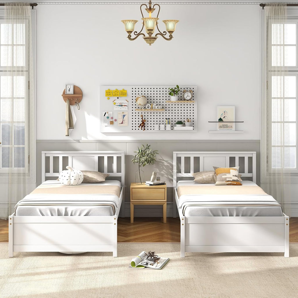 Giantex Wood Twin Bed Frames with Headboard, Mid Century Solid Wood Platform Bed with Wood Slat Support, Single Panel Bed, No Box Spring Needed, Twin Bed Frames for Kids, White