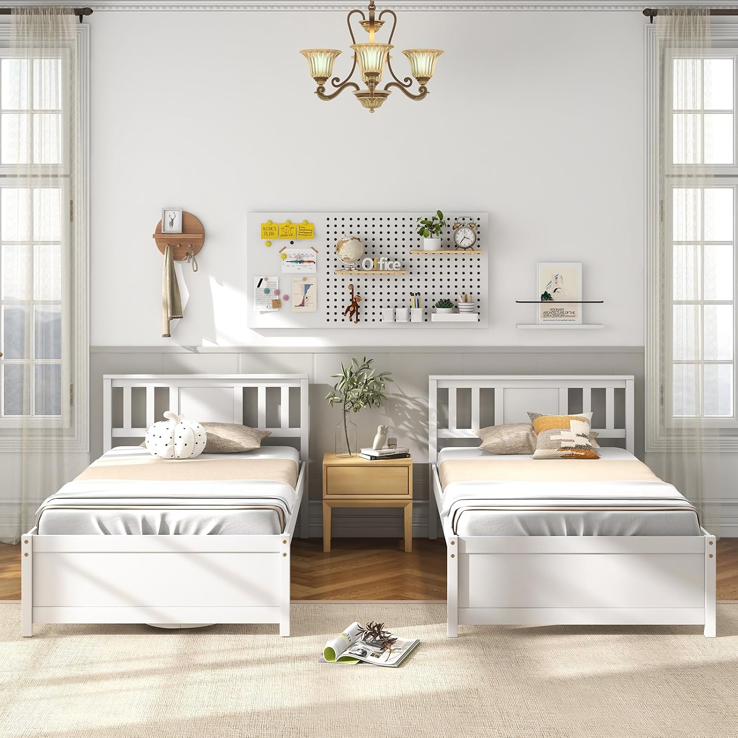 Giantex Wood Twin Bed Frames with Headboard, Mid Century Solid Wood Platform Bed with Wood Slat Support, Single Panel Bed, No Box Spring Needed, Twin Bed Frames for Kids, White