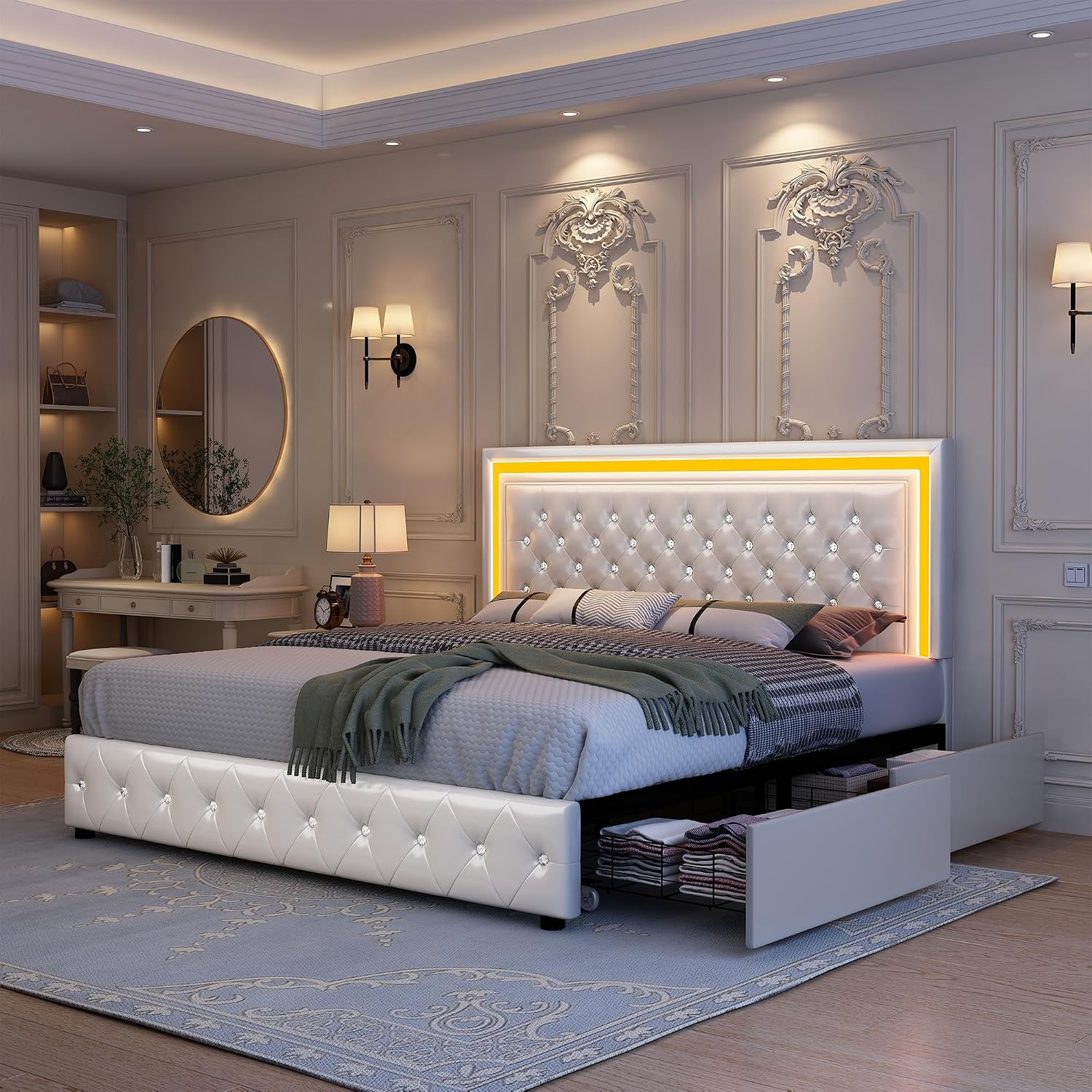 GEGOFORU King Led Bed Frame with 4 Storage Drawers, Bed Frame with Led Lights, No Box Spring Needed, 900 lbs Capacity, Easy Assembly, PU White