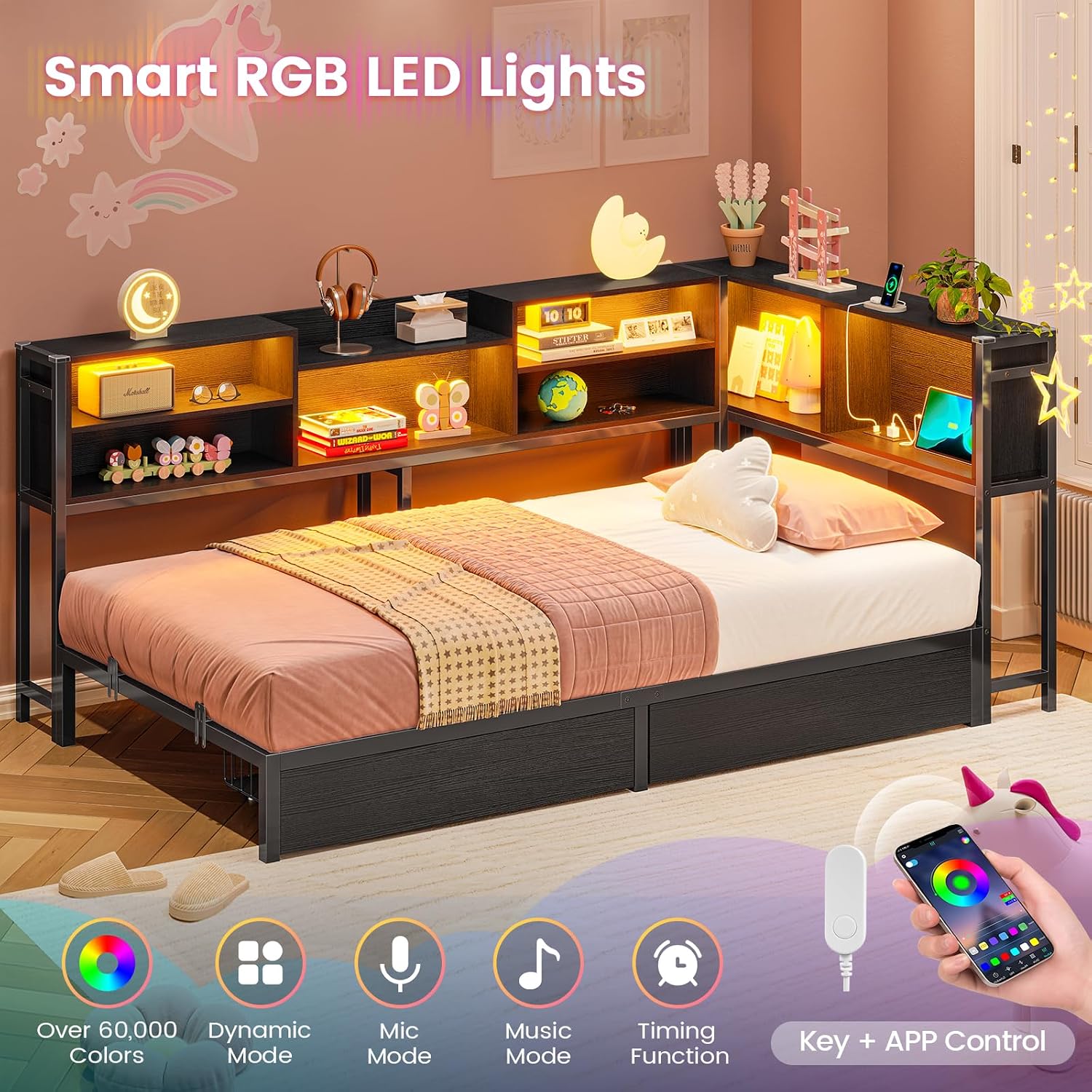 Hasuit Corner Bed Frame Twin XL with 2 Drawers and Storage Bookcase, Daybed with Charging Station and LED Lights, Metal Platform Bed with Bookshleves,Twin XL Bed Frame for Kids Teens Guests, Black