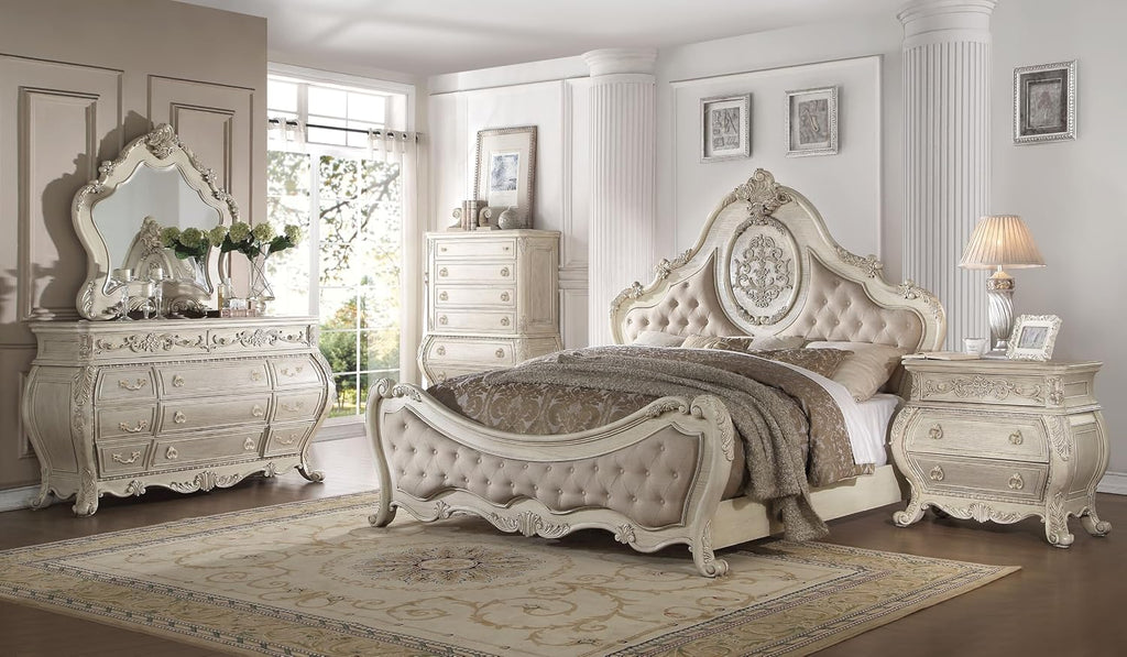 ACME Furniture Ragenardus Bed, Eastern King, Fabric/Antique White