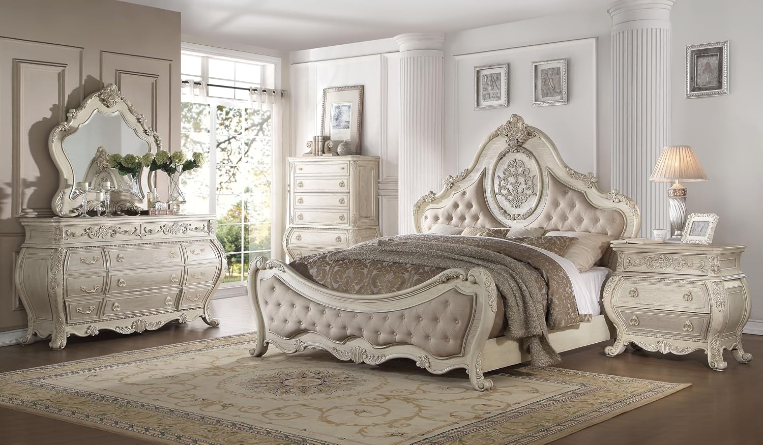 ACME Furniture Ragenardus Bed, Eastern King, Fabric/Antique White