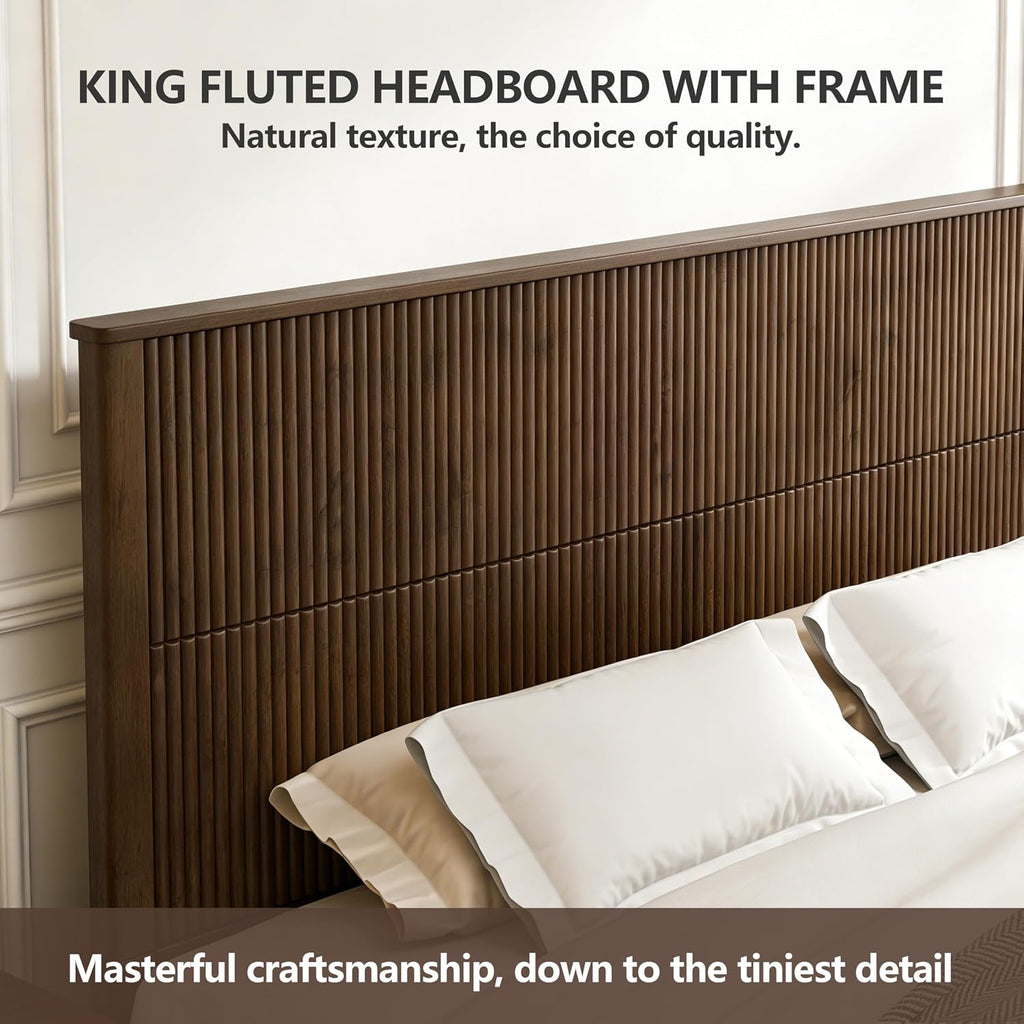 King Size Solid Wood Platform Bed Frame, Wood Platform Bed Frame with 79.13' Headboard, Solid Wood Leg/No Box Spring Needed/Noise Free/Brown
