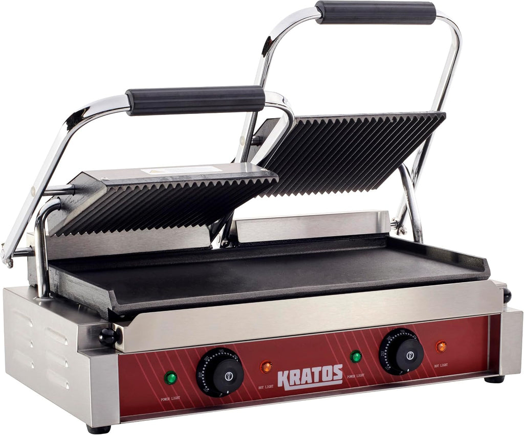 Kratos Commercial Electric Panini Sandwich Grill with Grooved Top and Smooth Bottom Plates, 18.7'x9' Cooking Surface, Commercial Countertop Panini Press, 120V, 3500W (29Y-025)