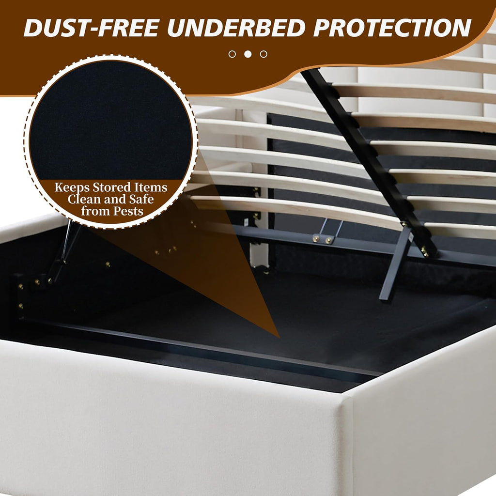 Queen Size Upholstered Platform Bed Frame with Lift-Up Storage, Velvet Headboard & Built-in Nightstands, No Box Spring Needed, Beige