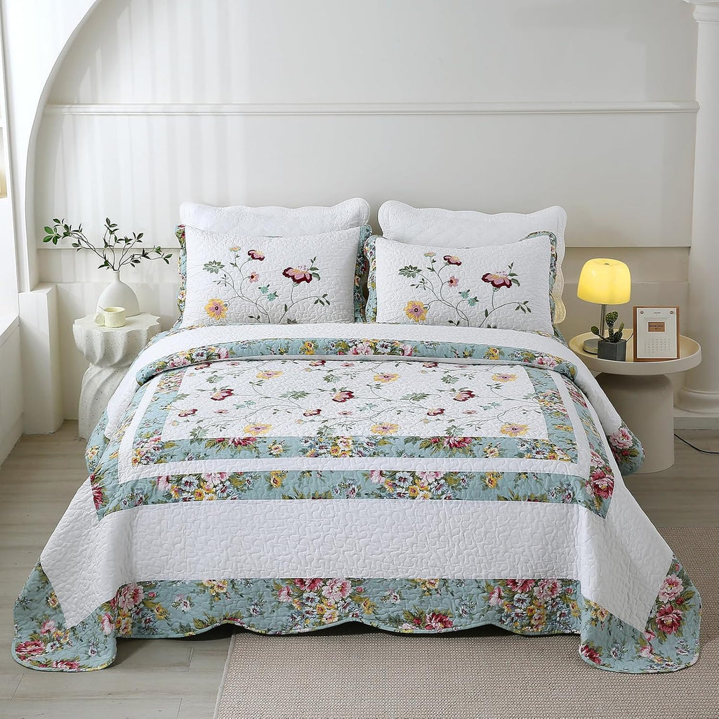 vctops 3-Piece Elegant Floral Embroidered Bedspread Coverlet Set 100% Cotton Reversible Patchwork 1 Quilt and 2 Pillow Shams Full/Queen, Flower G