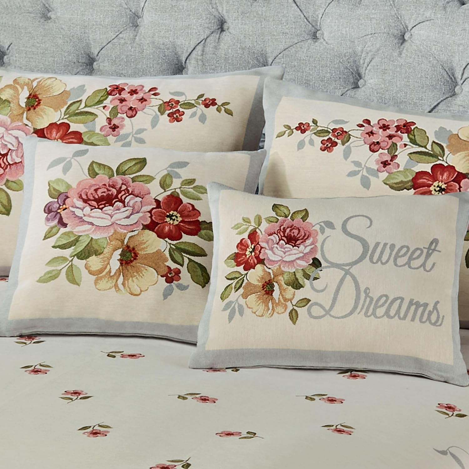 Bouquet Flower Washable Bedding | Nature | Wisteria, Golden Yellow, Rose, Garnet, Blue | Jacquard Woven | 7 Pc Bed Set: Queen Bedspread, 2 Standard Shams, Rectangle and Square Pillows with Inserts