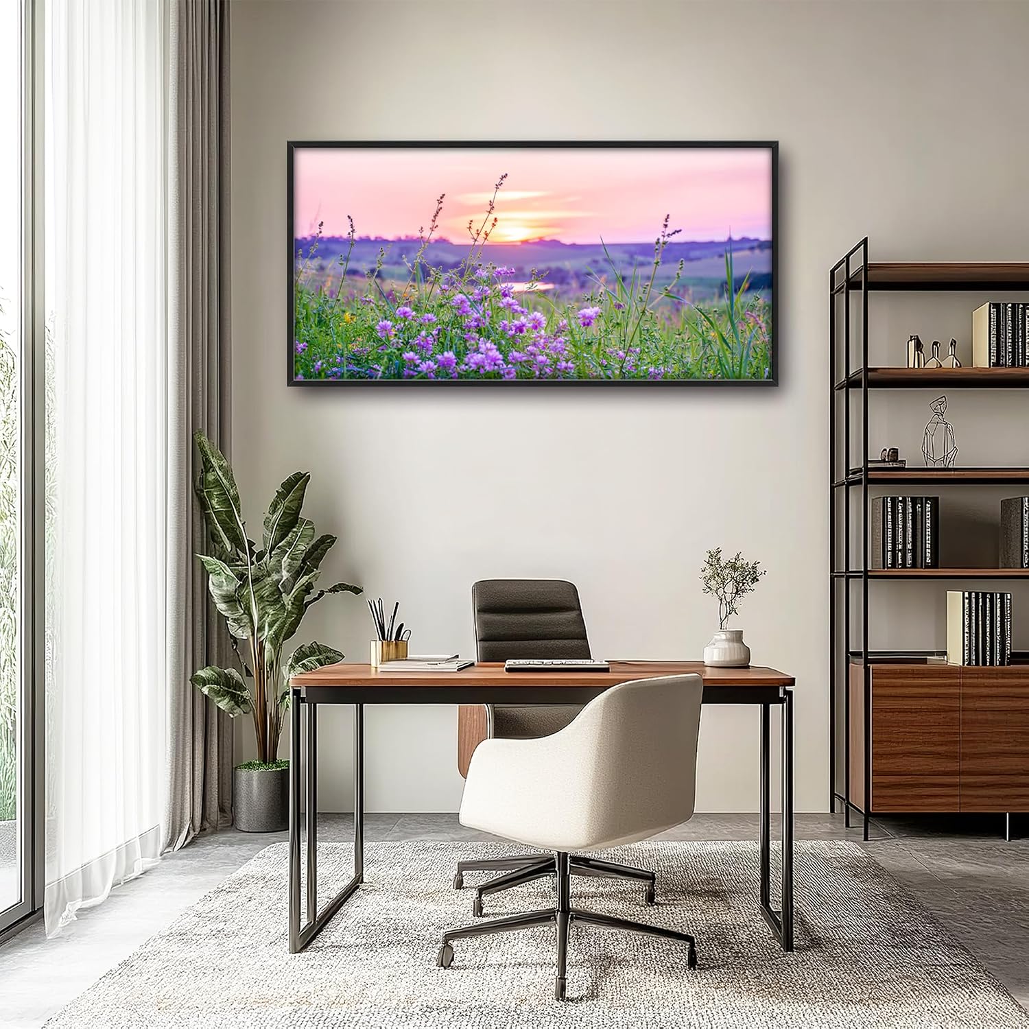 Nature Scenery Large Wall Art Sunset Framed Wall Decor for Living Room Countryside Wildflowers Pictures Oversized Canvas Print Painting Modern Extra Large Framed Artwork for Bedroom Office 60'x30'