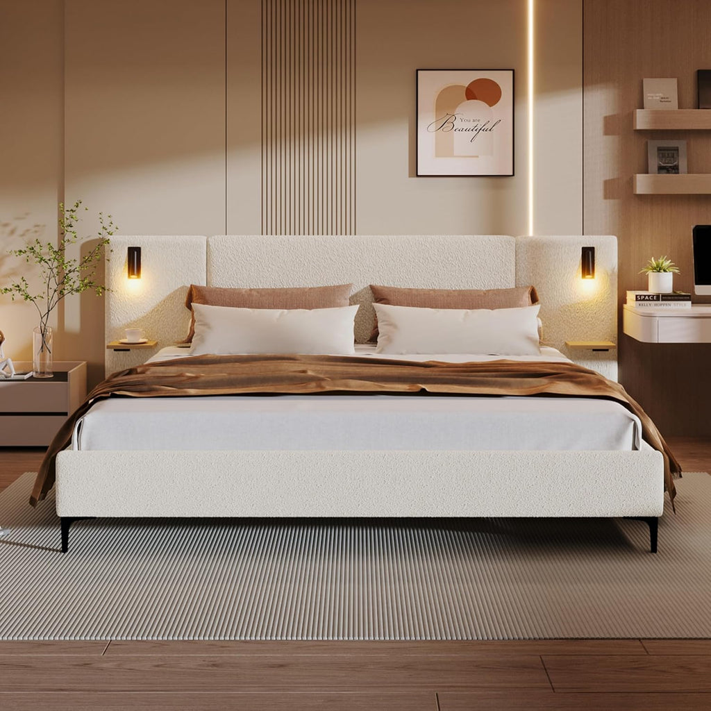 Merax King Size Chic Boucle Upholstered Platform Bed with Integrated Lights and Shelves, Bed Frame with Iron Legs for Teens Adults, White