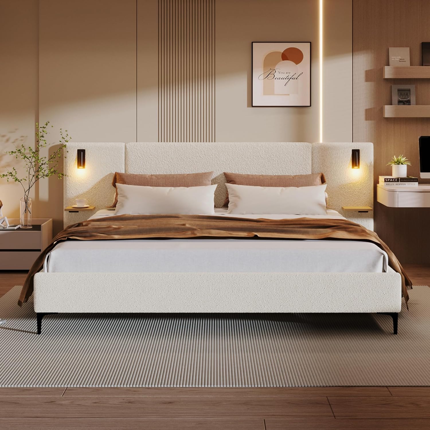 Merax King Size Chic Boucle Upholstered Platform Bed with Integrated Lights and Shelves, Bed Frame with Iron Legs for Teens Adults, White