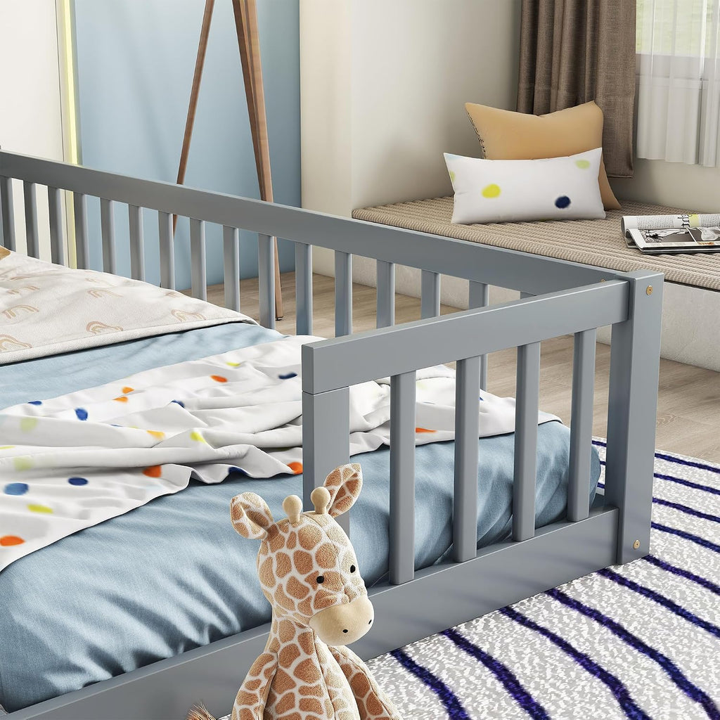 Double Floor Bed for Twins,Two Shared Beds,Twin Size Floor Bed for 2 Kids,Double Twin Bed with Guardrails for Girls,Boys,Gray