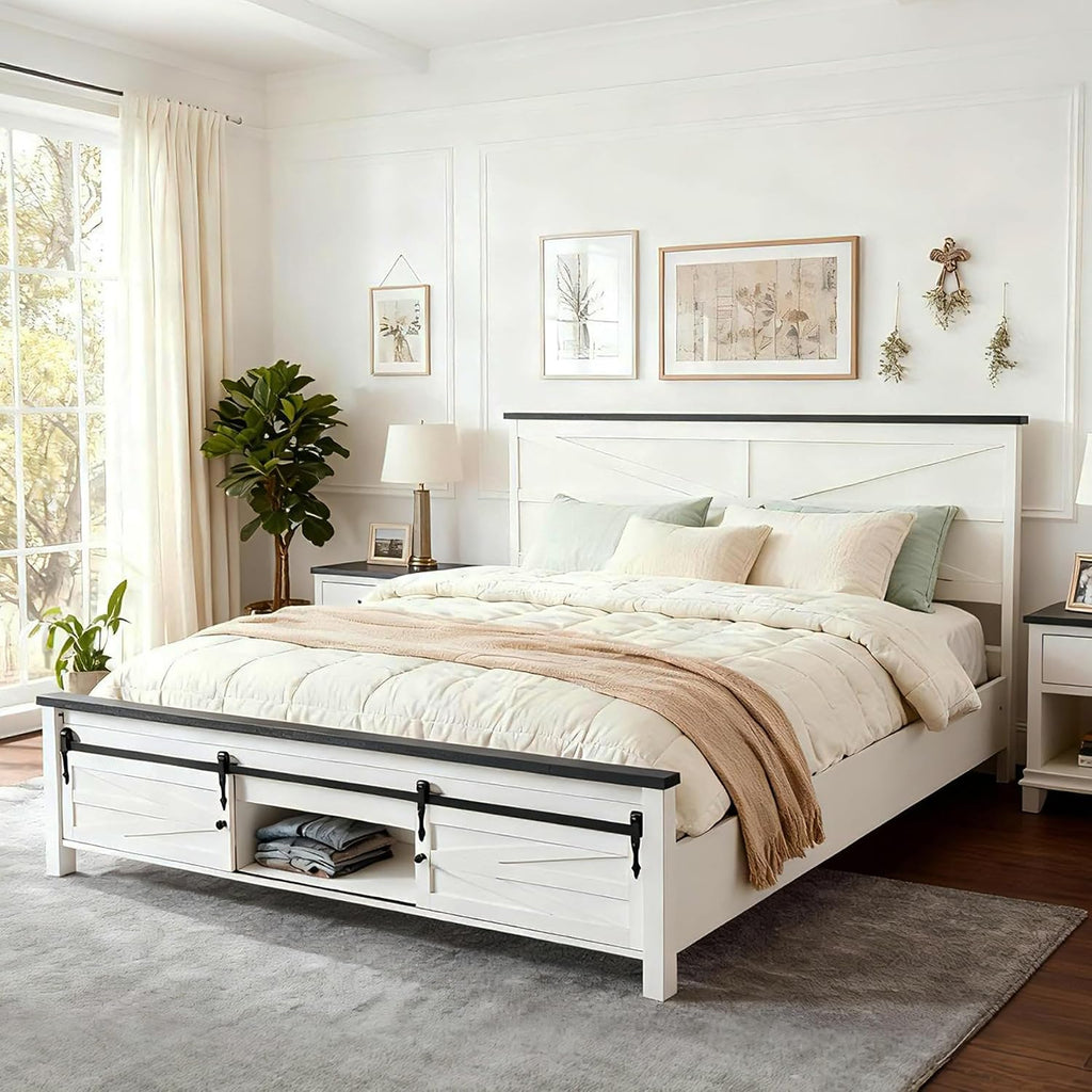 JXQTLINGMU Farmhouse Queen Size Bed Frame with 47' Tall Headboard, Wood Queen Bed Frame with Storage Cabinet, Solid Wood Slats Support, Noiseless, No Box Spring Needed (Antique White)