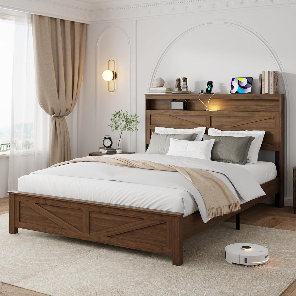 Queen Size Bed Frame with Headboard, Rustic Farmhouse Wood Bed Frame with LED Lights and Charging Station, Easy Assembly, No Box Spring Needed (Dark Brown, Queen)