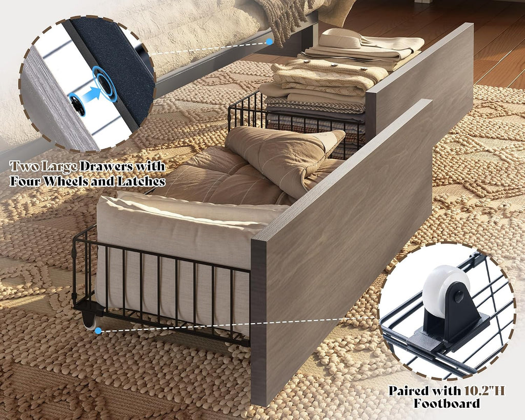 AMERLIFE 47.2' H Queen Bed Frame with Hidden Space Bookcase Headboard and Charging Station, Beds with 2 Storage Drawers and Wood Slats, No Box Spring Needed, Grey