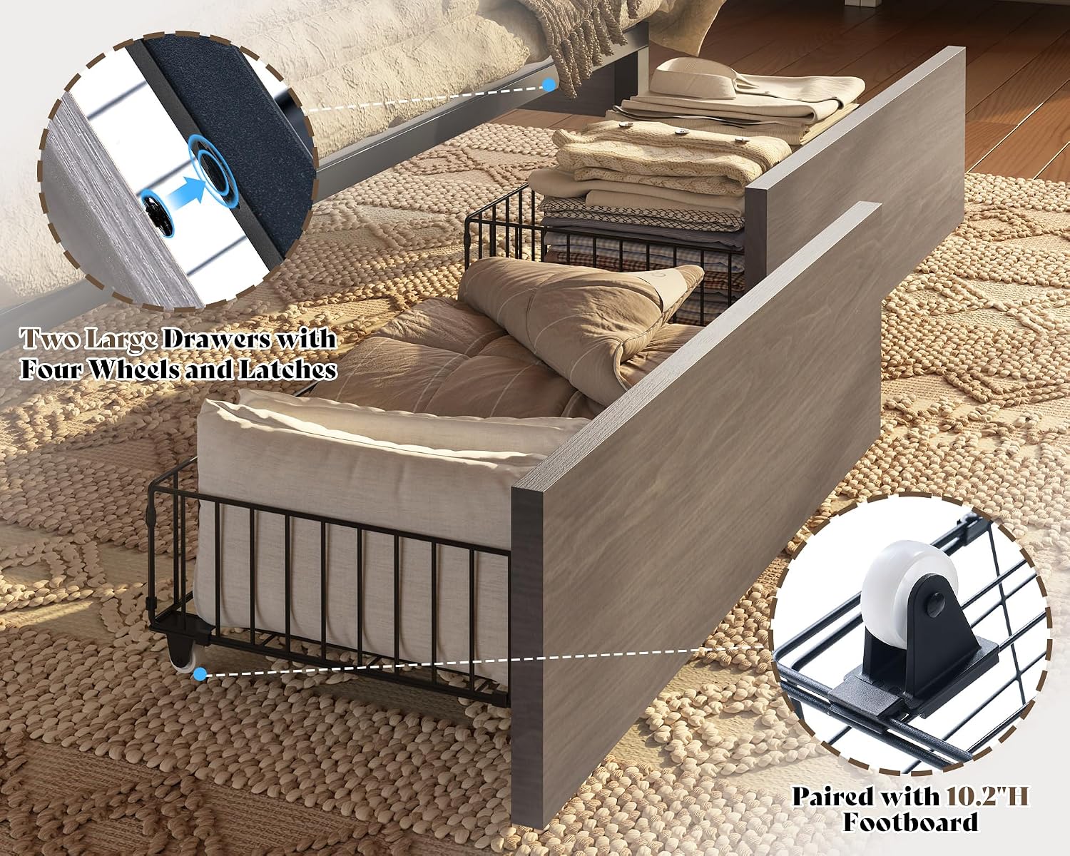AMERLIFE 47.2' H Queen Bed Frame with Hidden Space Bookcase Headboard and Charging Station, Beds with 2 Storage Drawers and Wood Slats, No Box Spring Needed, Grey