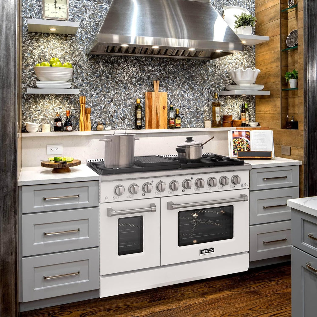 Akicon 48 Inch Freestanding Gas Range - 6.7 cu. ft. Double Rapid Convection Gas Oven Stove with 8 Sealed Burners & a Griddle, Heavy Duty Cast Iron Grates (White & Stainless Steel)