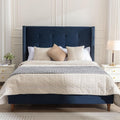 Peyton Upholstered King Bed Frame with 54' Tall Headboard Velvet Wingback Platform Bed with Hand-Buttoned Tufting and Nailhead Trim Strong Wood Slats Support No Box Spring Needed Easy Assembly Blue