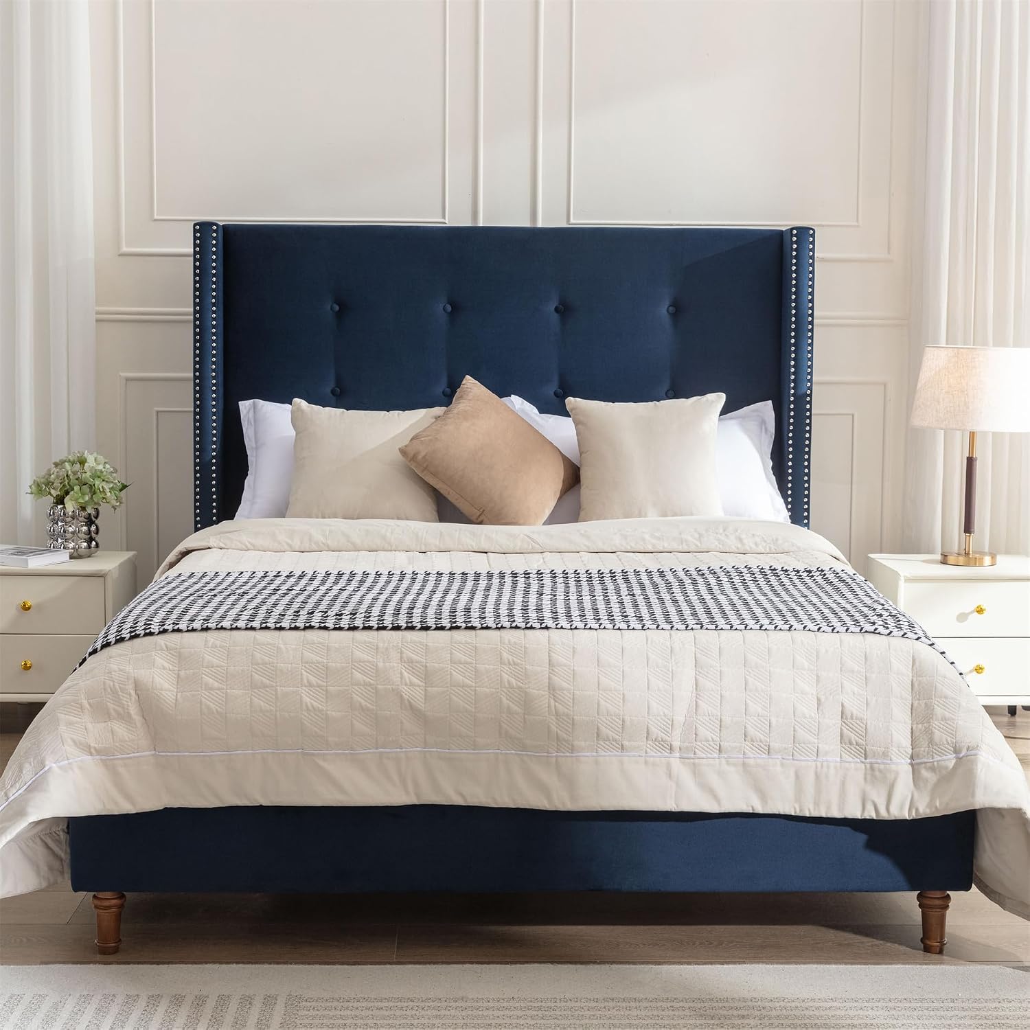 Peyton Upholstered King Bed Frame with 54' Tall Headboard Velvet Wingback Platform Bed with Hand-Buttoned Tufting and Nailhead Trim Strong Wood Slats Support No Box Spring Needed Easy Assembly Blue