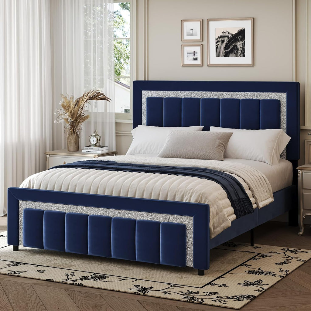 HOMBCK Full Size Bed Frame with Upholstered Headboard and Footboard, Full Size Upholstered Bed Frame with Diamond Design, No Box Spring Needed, Easy Assembly, Blue