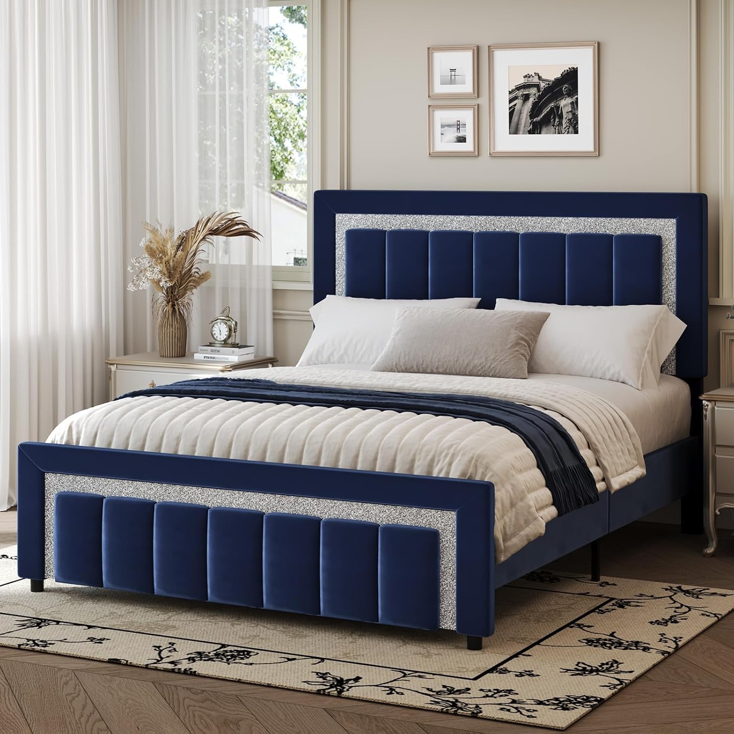HOMBCK Full Size Bed Frame with Upholstered Headboard and Footboard, Full Size Upholstered Bed Frame with Diamond Design, No Box Spring Needed, Easy Assembly, Blue