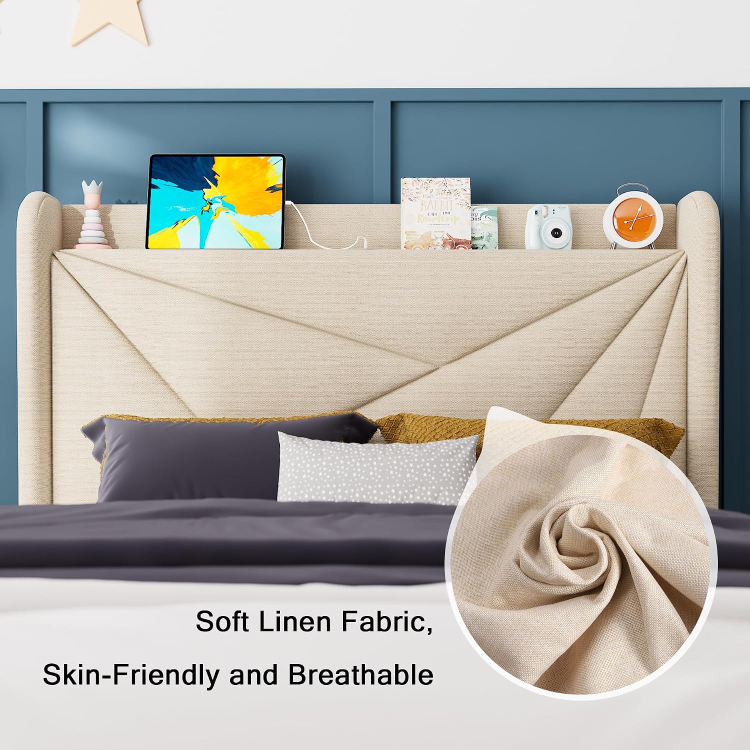 Feonase Twin Size Bed Frame with Charging Station, Upholstered Linen Bedframe with Wingback Headboard, Solid Wood Slats Support, No Box Spring Needed, Noise Free, Beige