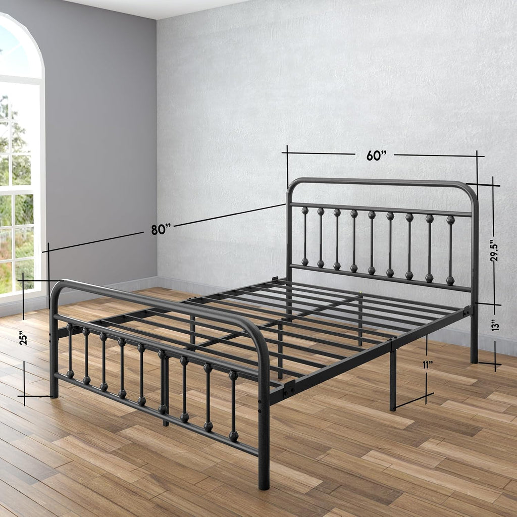 AMBEE21 Golden Gate Beds Vintage Style Metal Bed Frame with Wrought Iron Headboard and Footboard, Classic Platform Bedframe with Storage, No Box Spring Needed, Mattress Foundation, Black, Queen Size