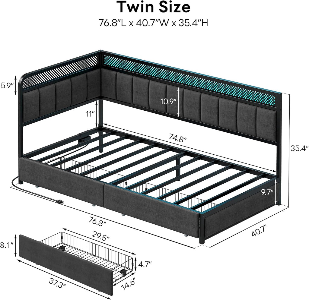 LIKIMIO Twin Corner Bed Frame with Storage Drawers and Charging Station, Modern Twin Daybed with LED Lights and Upholstered Guardrail, Gray