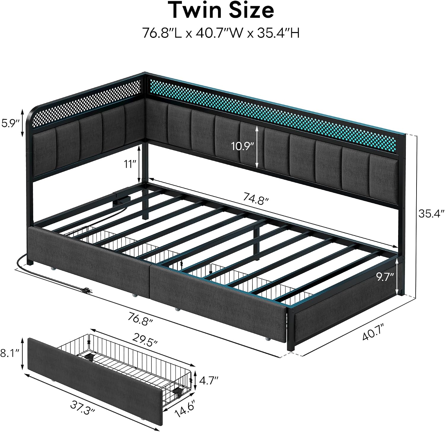 LIKIMIO Twin Corner Bed Frame with Storage Drawers and Charging Station, Modern Twin Daybed with LED Lights and Upholstered Guardrail, Gray