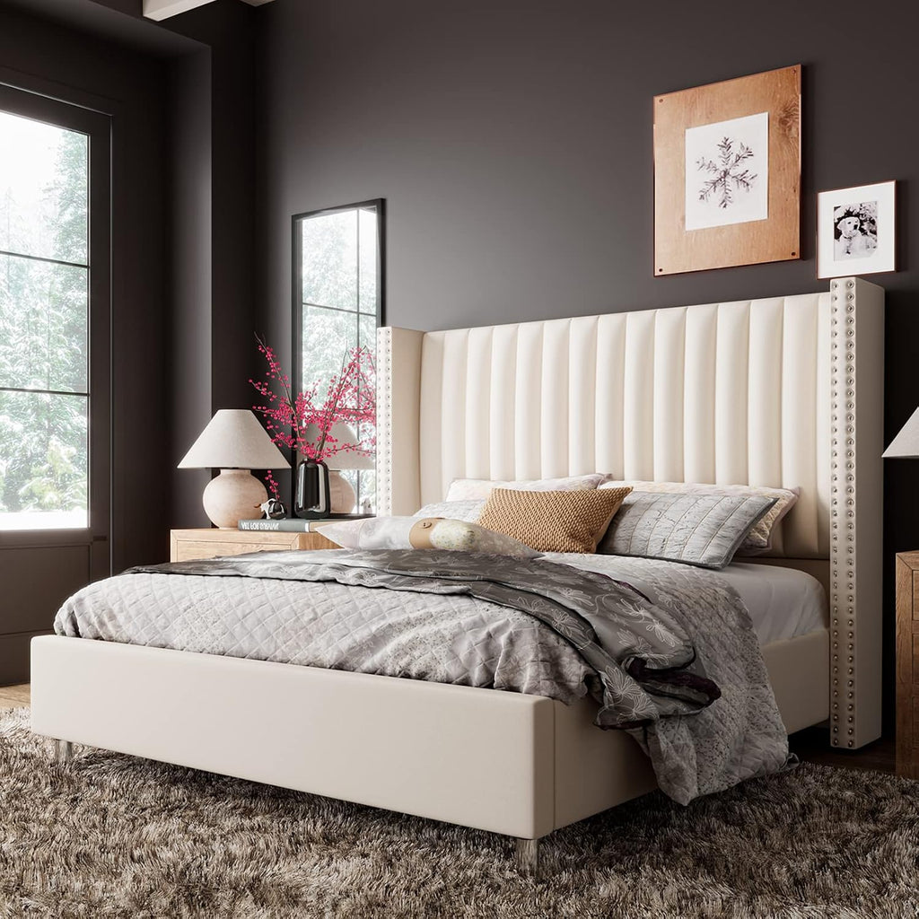 Jocisland King Bed Frame with 49.2' Tall Wingback Headboard,Velvet Upholstered Platform Bed for Cozy Master Bedrooms & Modern Homes,No Box Spring Needed, Easy Assembly, Cream