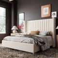 Jocisland King Bed Frame with 49.2' Tall Wingback Headboard,Velvet Upholstered Platform Bed for Cozy Master Bedrooms & Modern Homes,No Box Spring Needed, Easy Assembly, Cream