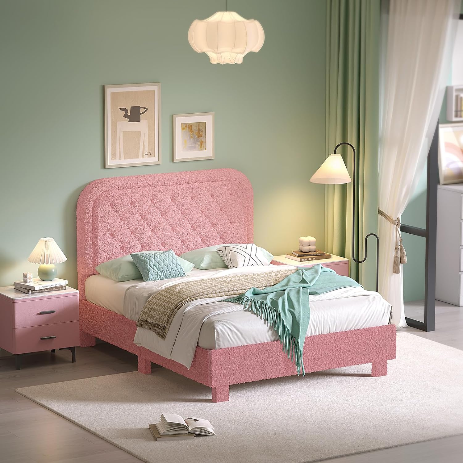 VINGLI Full Boucle Cloud Bed Frame with Headboard,Upholstered Soft Bed with Wood Sturdy Slats Support, Rounded Corners,Modern Cream Style,Easy Assembly, Pink