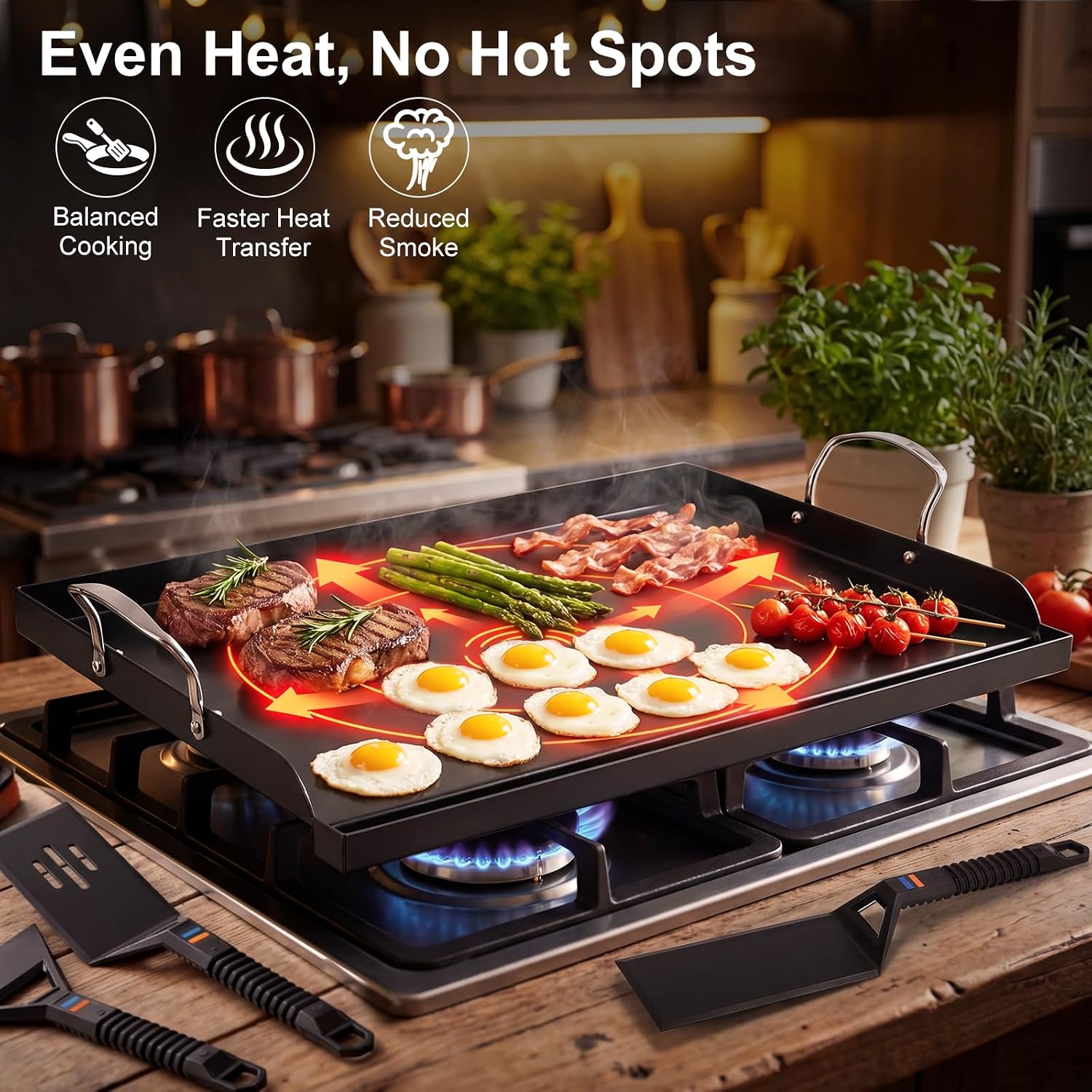 Cast Iron Griddle for Gas Grill with 5-Piece Silicone Griddle Tool Kit 25' x 16' Nano-Ceramic Nonstick Grill Griddle for Gas Charcoal Grills Flat Top Grill Accessories with Stainless Steel Core Tools