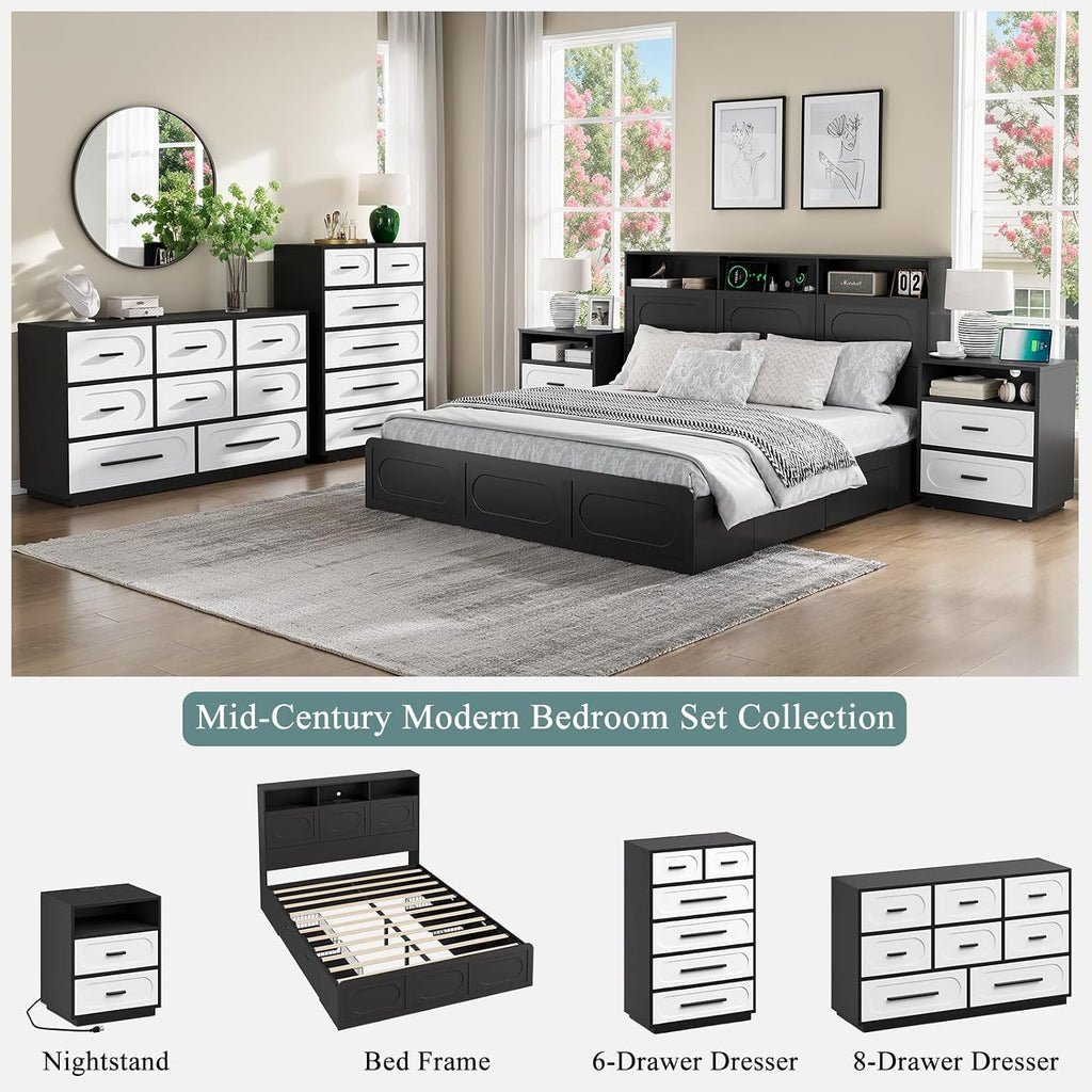 3 Pieces Bedroom Set, Queen Size Bed Frame with Storage Headboard, 2 Nightstands with Charging Station, Black