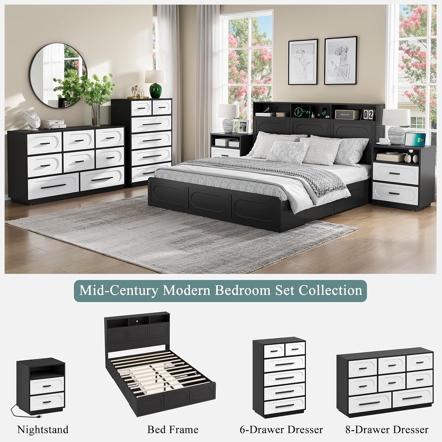 3 Pieces Bedroom Set, Queen Size Bed Frame with Storage Headboard, 2 Nightstands with Charging Station, Black