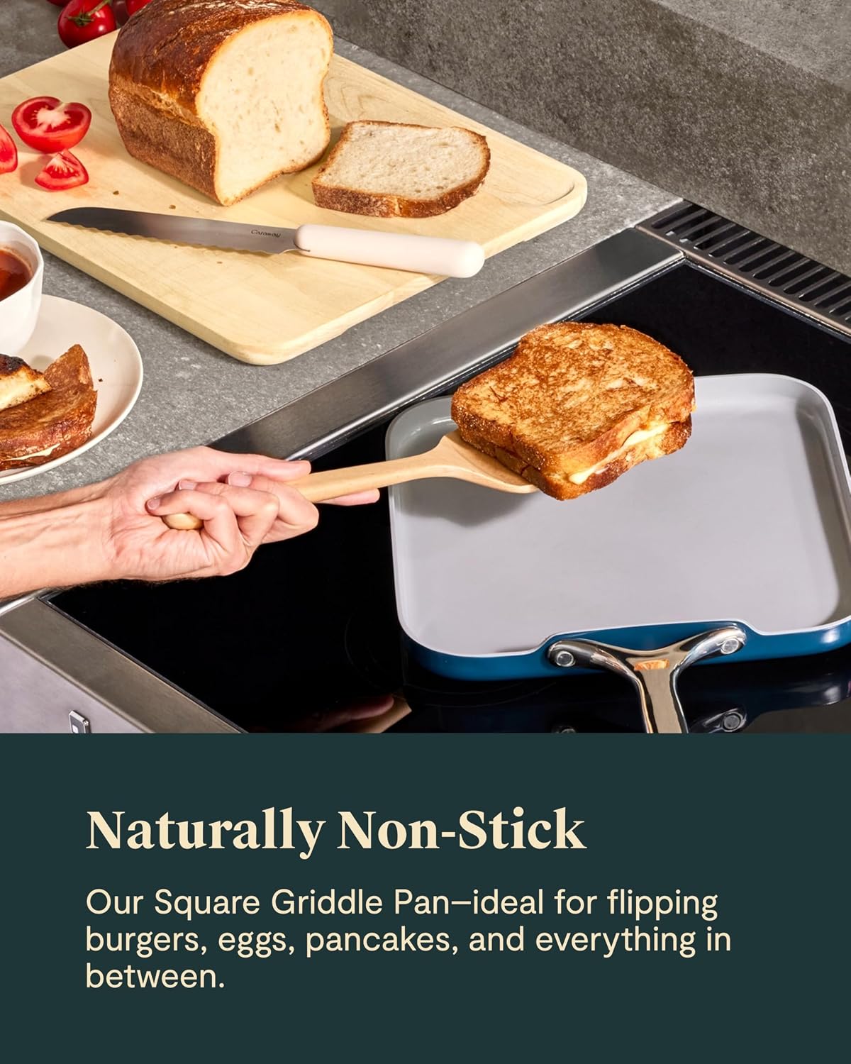 Caraway Square Griddle Pan - 11' Square Pan - Non-Stick Ceramic Coated - Non Toxic, PTFE & PFOA Free - Oven Safe & Compatible with All Stovetops - Cream