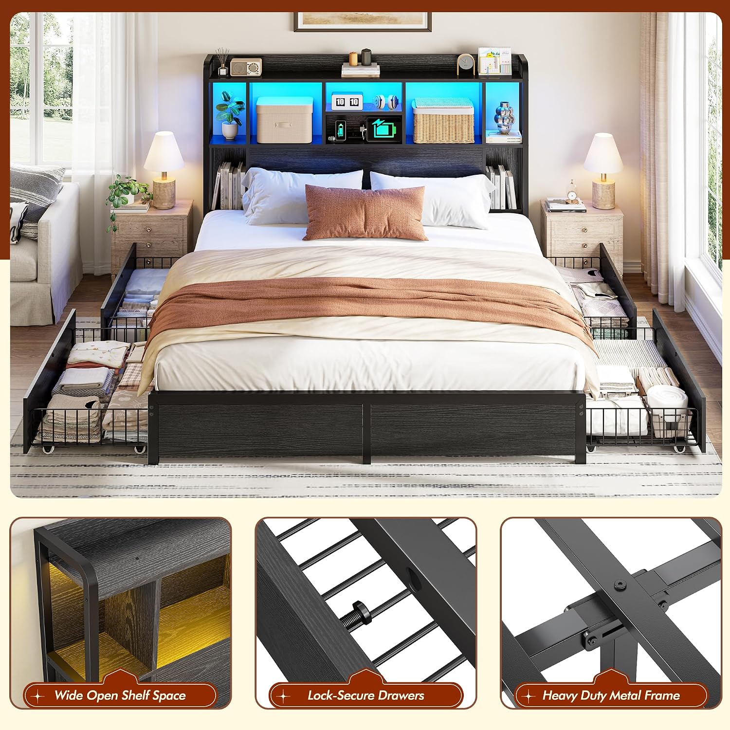 Homkdom Full Size Bed Frame with Storage Headboard & 4 Large Drawers Bed Frame Full Size with 51' Tall Headboard 9 Compartments Led Lights & Charging Station,No Box Spring Needed, No Noise,Black