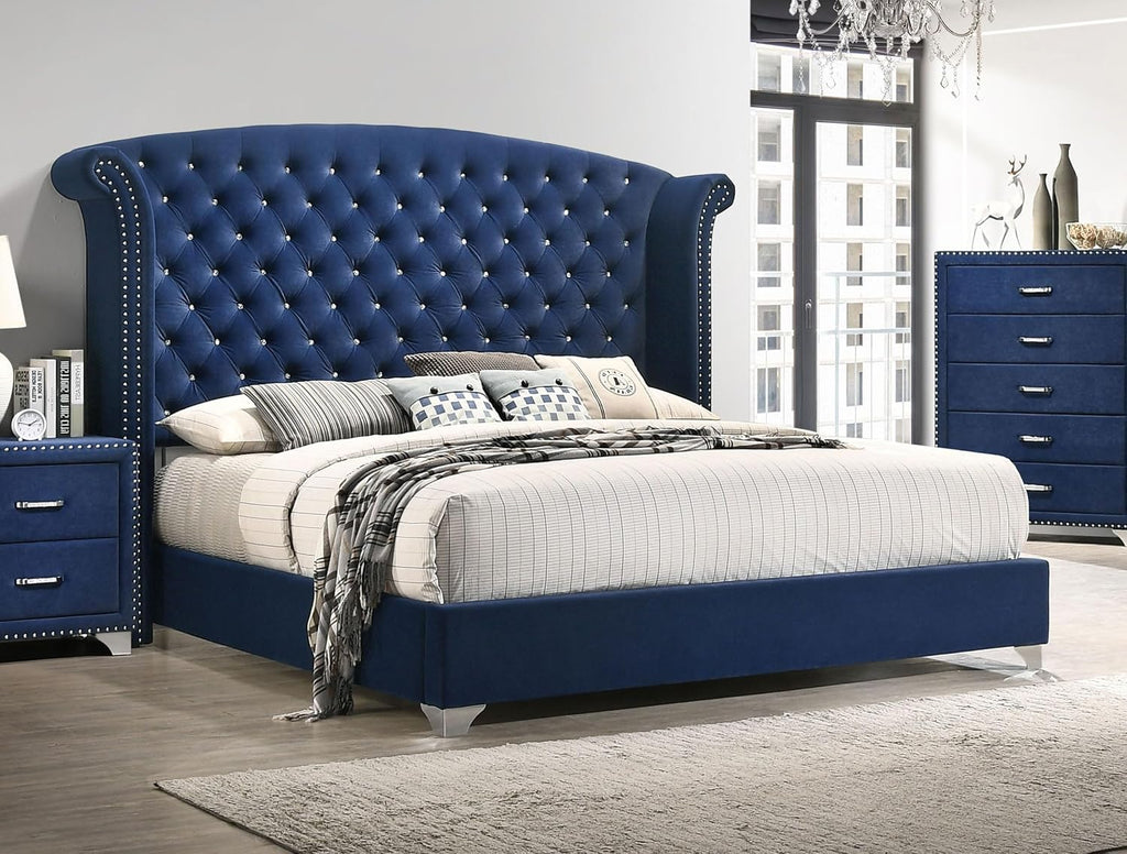 Coaster Home Furnishings - Melody - Wood - Upholstered Wingback Eastern King Panel Bed with Button Tufting, Nail Head Trim, Chrome Legs, and Curved Headboard - Bedroom - Pacific Blue - 223371KE