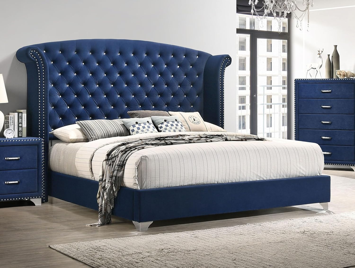 Coaster Home Furnishings - Melody - Wood - Upholstered Wingback Eastern King Panel Bed with Button Tufting, Nail Head Trim, Chrome Legs, and Curved Headboard - Bedroom - Pacific Blue - 223371KE