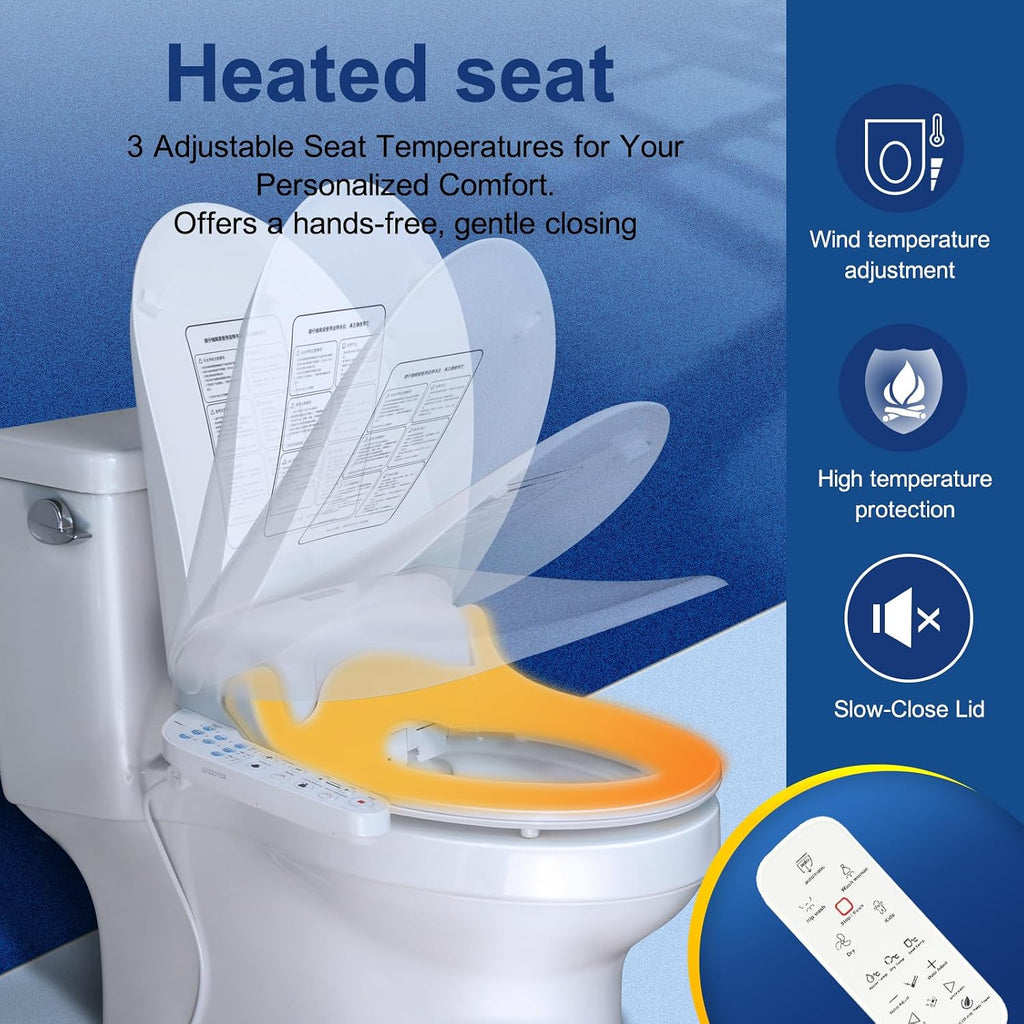 KERDE 08 Smart Electric Bidet Toilet Seat with Warm Air Dryer Heated Adjustable Warm Water Seat Temperature Self-Cleaning Nozzle Easy Installation for Most Toilets Elongated (Remote+Armrest)