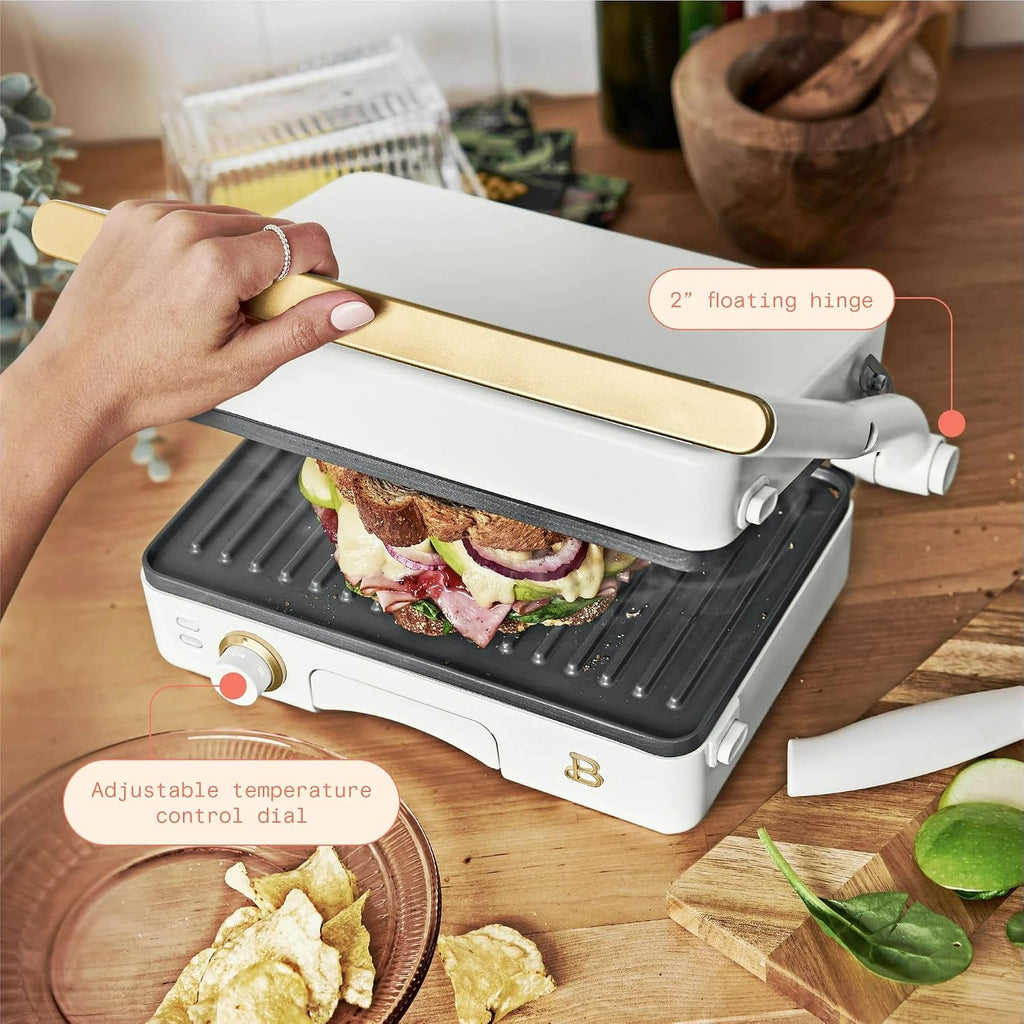 Panini Press Indoor Grill 2-in-1 Electric Contact Grill with Removable Nonstick Plates, 1200W Adjustable Temperature Sandwich Maker (White Icing)