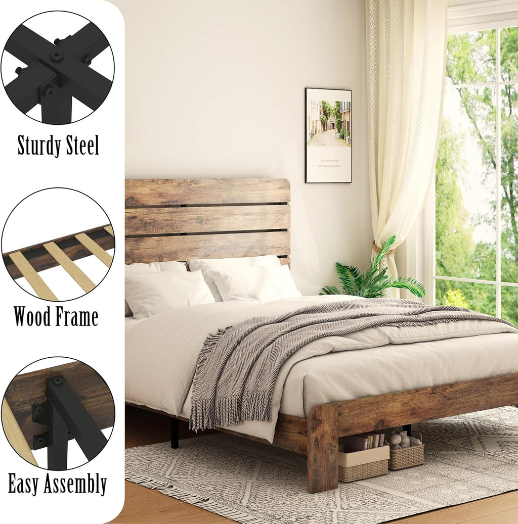 Wooden Full Size Bed Frame with Headboard, Rustic Farmhouse Platform Bedframe with Wood Slat Support, Sturdy and No Noise, Easy Assembly (Light Brown/Linear Headboard, Full)