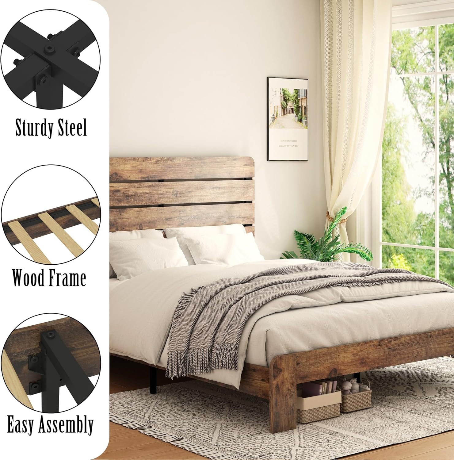 Wooden Full Size Bed Frame with Headboard, Rustic Farmhouse Platform Bedframe with Wood Slat Support, Sturdy and No Noise, Easy Assembly (Light Brown/Linear Headboard, Full)