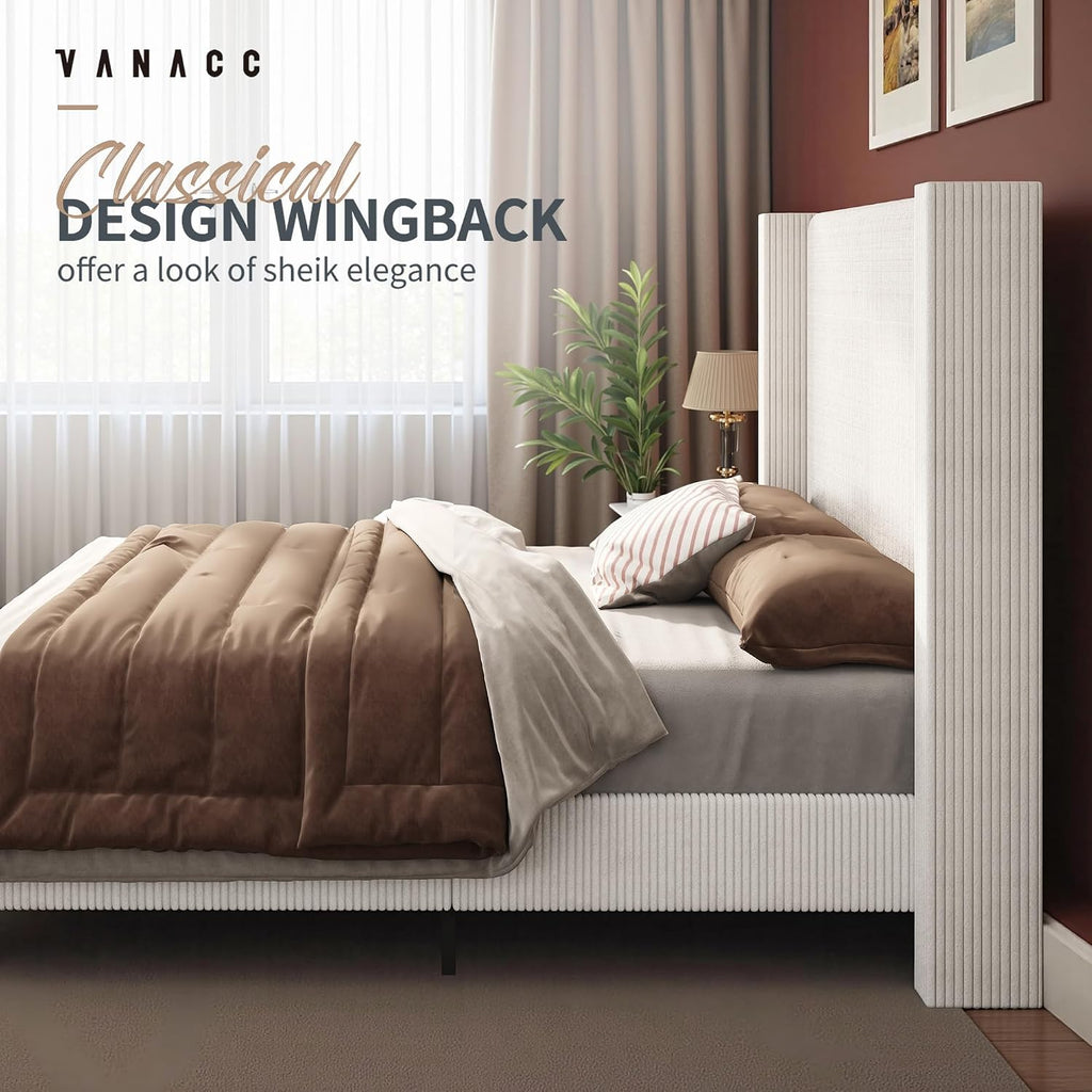 VanAcc King Size Platform Bed Frame, 50.8' Corduroy Upholstered Bed with Vertical Channel Tufted Headboard/Wooden Slats/Wingback/No Box Spring Required/White