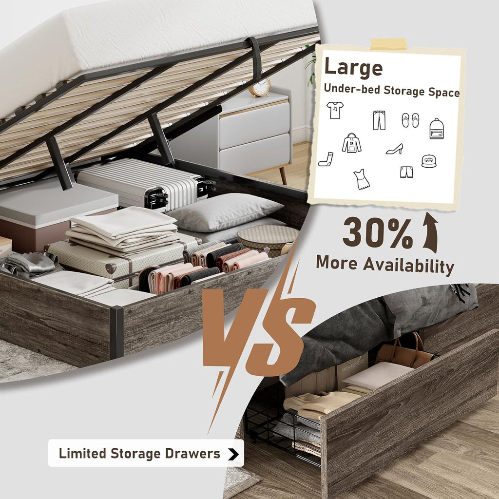 LUXOAK 3 Pieces Bedroom Sets, Includes Full Size Lift Up Storage Platform Bed Frame, 2 Drawers Farmhouse Nightstand Set of 2 with Charging Station, No Box Spring Needed, Rustic Grey