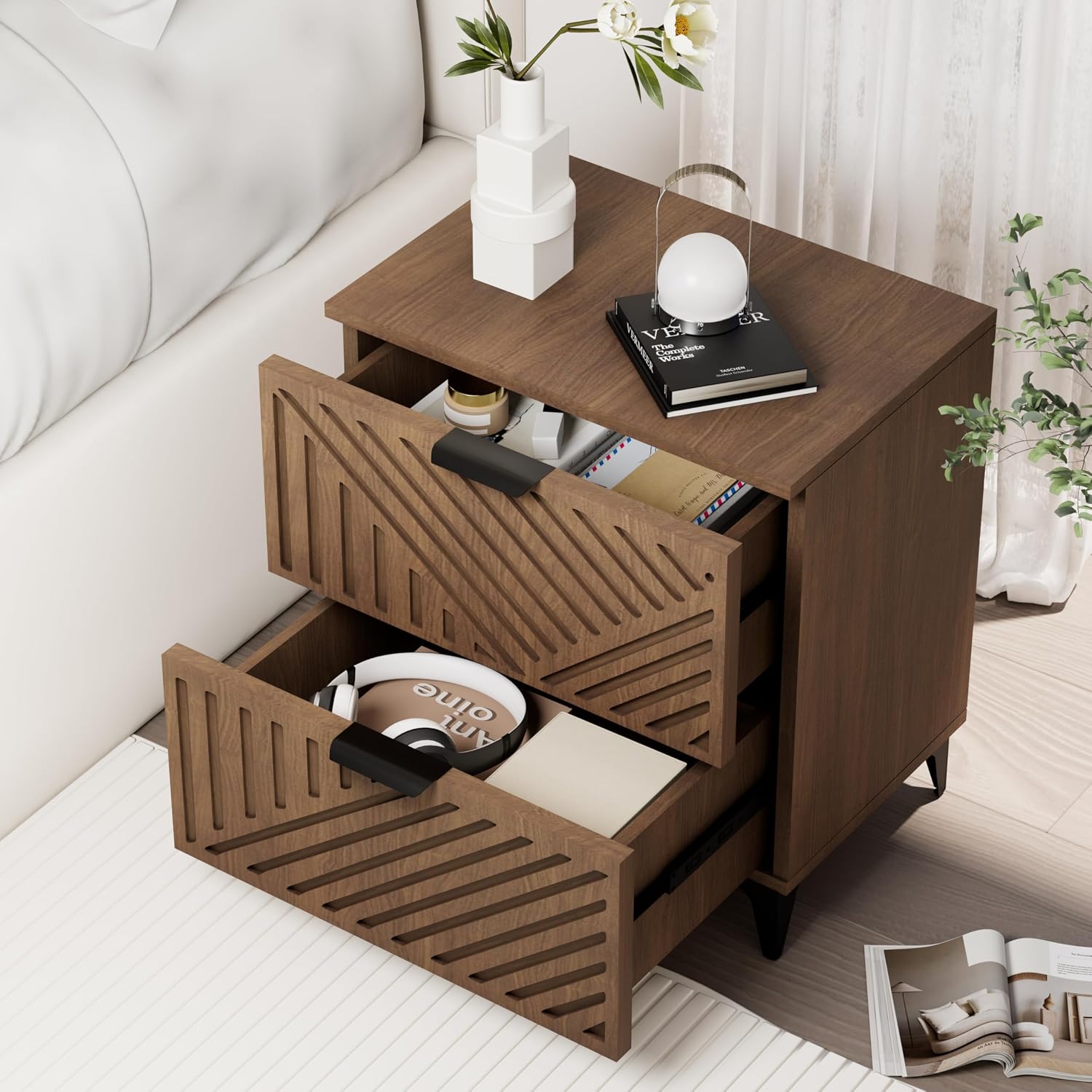 Royal Windsor Small Night Stand Set of 2, Fluted Nightstand with 2 Drawers, Side End Table with Storage, Modern Night Stand Bedside Table for Small Indoor Rooms, Brown