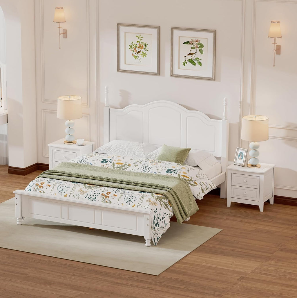 Harper & Bright Designs 3 Pieces Queen Bedroom Sets, Wooden Queen Size Platform Bed Frame with 2 Nightstands, Retro Design Queen Bedroom Furniture Sets, Easy to Assemble,White