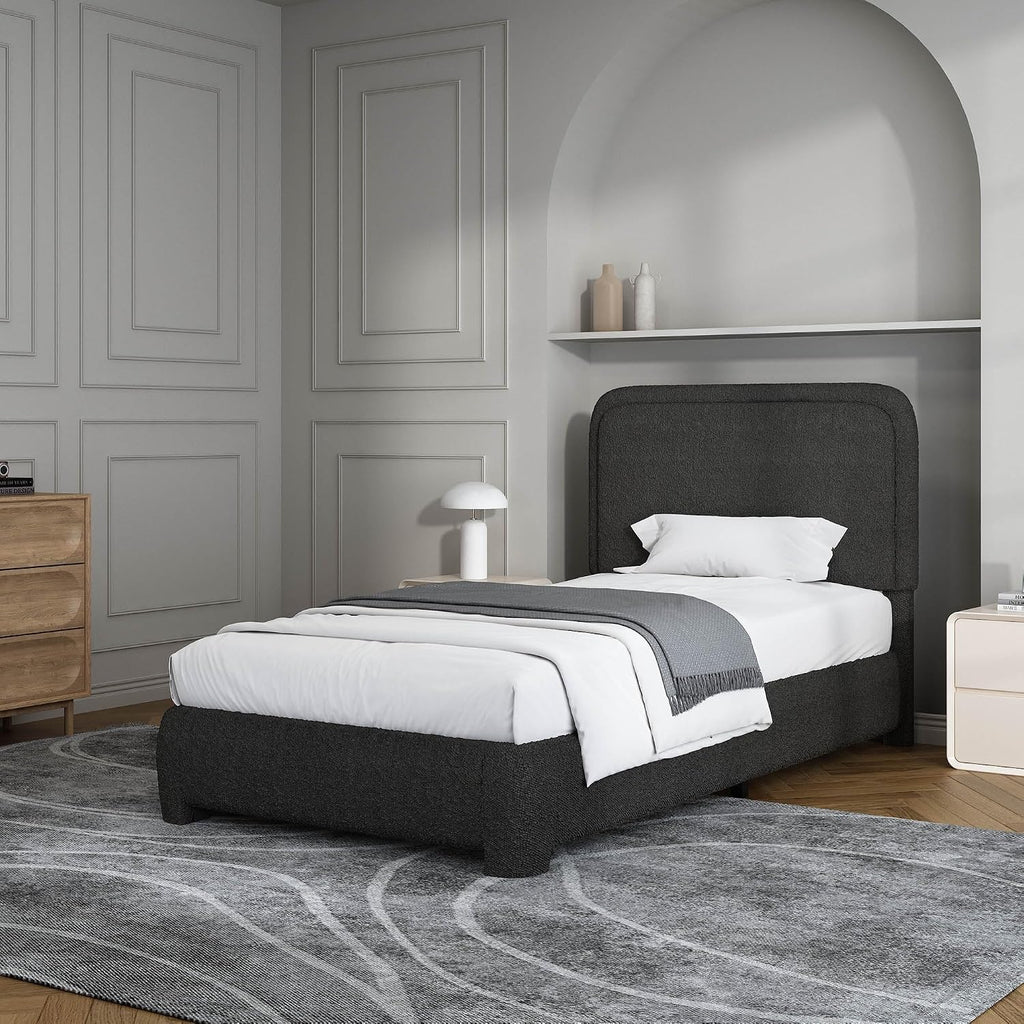 BarnFurin Twin Size Bed Frame, Boucle Upholstered Platform Bed Frame with Headboard, Soft Rounded Corners, No Box Spring Required, Non-Slip and Noise-Free, Easy Assembly, Black